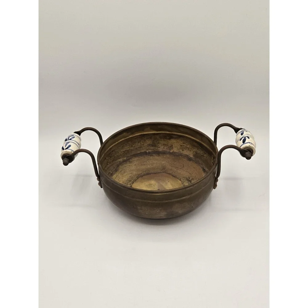 Holland Copper Bowl Pan Ceramic‎ Handles Rustic Farmhouse Serving Dish 10.5